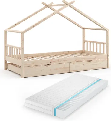 Produktbild von Hausbett Vitalispa Design Naturholz 90x200 cm mit Gästebett und Matratze, Model 36236