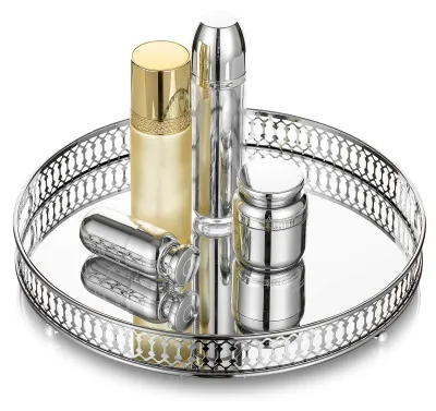 Image de Plateau miroir décoratif - Forme ovale, argenté, pour organiser le maquillage et les bijoux