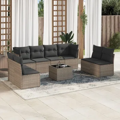 Produktbild von Design 9-tlg. Garten-Sofagarnitur mit Kissen Grau Poly Rattan, Gartenmöbel-Sets 2024 Neu