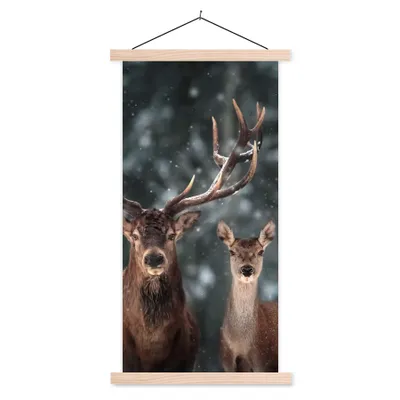 Produktbild von MuchoWow® Textilposter Hirsche - Tiere - Winter - Geweih - Schnee - Natur 40x80 cm mit holzfarbenen Rahmen - Wohnzimmer