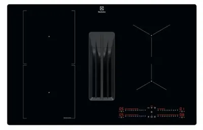 A top-down view of a black induction hob with an integrated extractor fan.