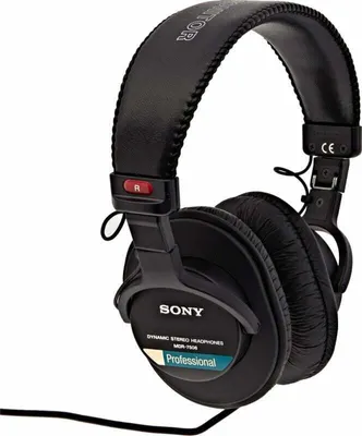 A pair of black Sony MDR-7506 professional headphones is shown against a white background.