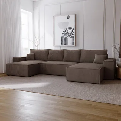 Image de Canapé d'angle Bergamo en U avec fonction sommeil - Canapé d'angle 375 cm avec coffre de lit, tissu velours côtelé brun (Poso 04)