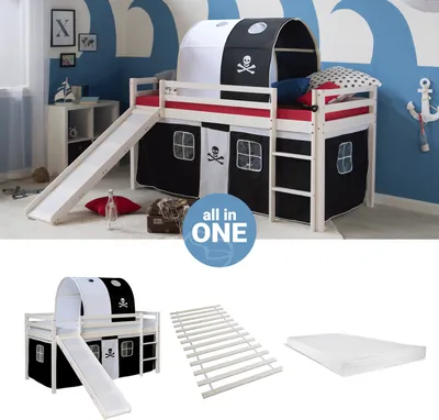 Produktbild von Homestyle4u Kinder Hochbett 90x200 Kinderbett Pirat|mit Rutsche|mit Matratze|mit Lattenrost