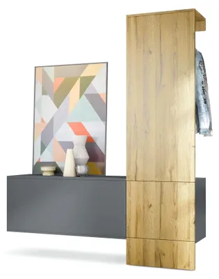 Produktbild von Garderobe Carlton Set 4,  Germany, Wandgarderobe aus Deko-Paneel und Hängeschrank für Schuhe, Anthrazit matt/Eiche Natur (156,5 x 193 x 35 cm)
