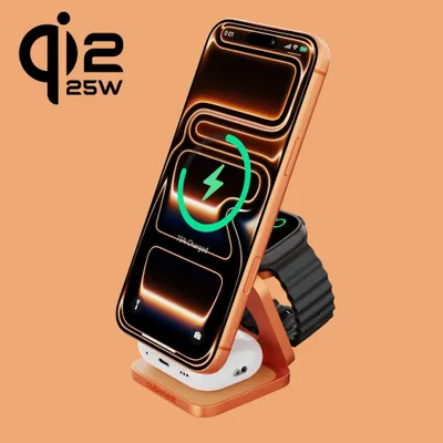 Zdjęcie produktu dla Cubenest Qi 2.2 SQ312 Ultra-magnetyczna ładowarka bezprzewodowa, kompatybilna z MagSafe, całkowita moc 35 W, do iPhone, Apple Watch, AirPods - pomarańczowa