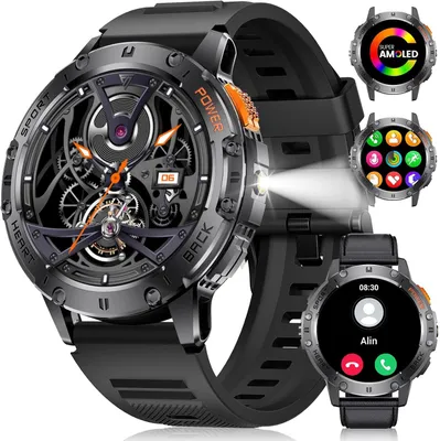 Produktbild von Fur Herren Militär, 530mAh Akku/Amoled Sportuhr mit Taschenlampe/3 Armbänder, 120+ Sportmodi, IP68 wasserdichte Fitnessuhr mit 24/7 Herzfrequenz