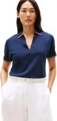 Produktbild von Tommy Hilfiger Damen Poloshirt Kurzarm Lyocell Tipping Open ohne Knopfleiste, Bl