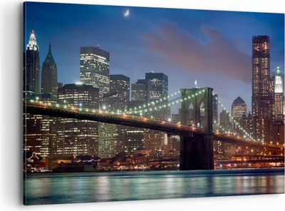 Produktbild von Bild auf Leinwand - Leinwandbild - Brooklyn brücke nacht new york city - 120x80cm - Wand Bild - Wanddeko - Leinwanddruck - Bilder - Kunstdruck - Leinwand bilder - Wandkunst - AA120x80-0512