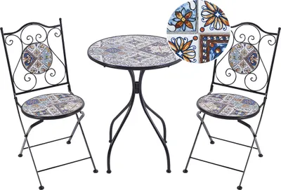 Produktbild von BELIANI Balkon Set Schwarz u. Blau aus Metall Mosaik Muster mit 2 Stühlen 1 Tisch Outdoor Terrassenmöbel Gartenmöbel Balkonmöbel
