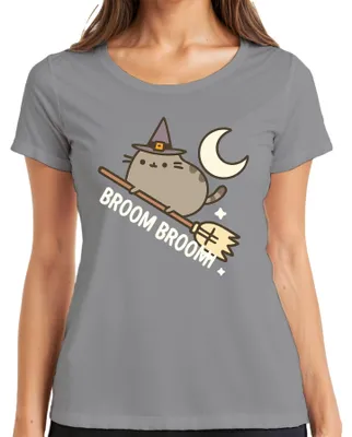 Produktbild von Süße Hexenkatze Niedlich Besen Halloween Mond Cartoon Katze Stern Damen T-Shirt, Grau, M