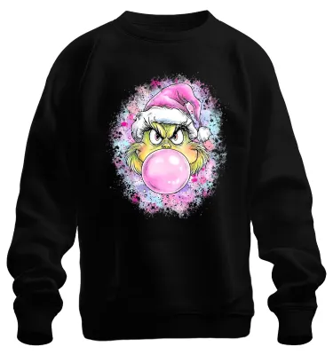 Productafbeelding van Grinch roze kauwgomblaas kerstmis, ondeugend cadeau, popart, uni sweatshirt, zwart, maat S