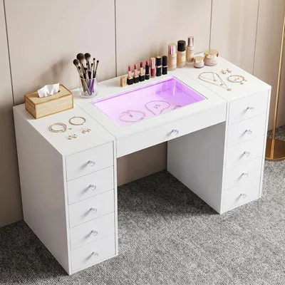Image de VANITII Coiffeuse avec éclairage LED Blanc 130 x 55 x 81 cm
