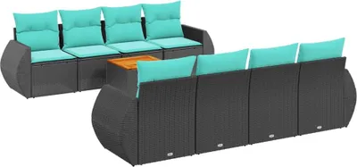 Image de vidaXL Ensemble de 9 canapés de jardin avec coussins, polyrattan noir