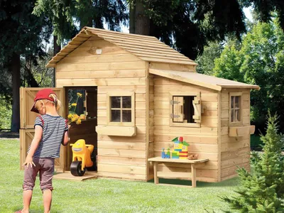 Produktbild von Prestige Garden Butterfly Spielhaus, Kiefer Holz, Kesseldruckimprägniert, Mit Anbau, Verkaufsfenster, Sitzbank, Blumenkästen Und Briefkasten, Stabiles Garten Spielhaus Für Kinder