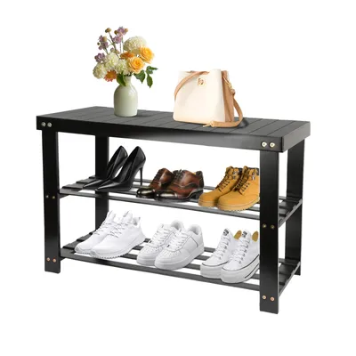 Produktbild von Schuhbank 2 Ablagen Bambus für Flure Eingangsbereiche und Schlafzimmer 70x42x27cm Schwarz