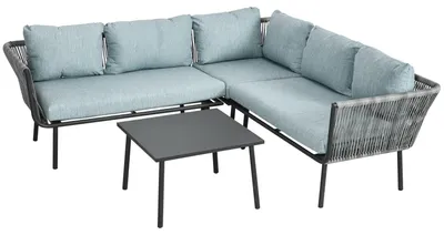 Produktbild von 4 Tlg. Rattan Gartenmöbel-Set, Sitzgarnitur Mit Kissen, Sitzgruppe Mit 2 Doppelsofas, 1 Ecksofa, 1 Couchtisch, Gartengarnitur Für Balkon, Terrasse, Alu+Polyester, Grau