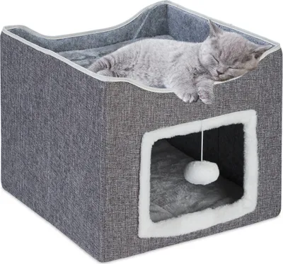 Produktbild von Relaxdays Katzenhöhle, HxBxT: 32 x 40 x 40 cm, Kratzfläche, Katzenspielzeug, 2 Katzenkissen, faltbares Katzenhaus, grau