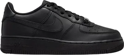 A black Nike Air Force 1 sneaker is shown against a white background.