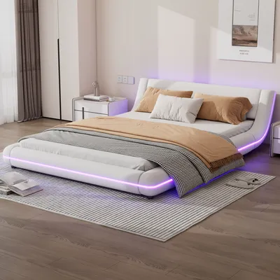 Zdjęcie produktu dla Łóżko tapicerowane Abrihome 140x200cm z LED i stelażem listwowym, płaskie łóżko podłogowe, pilot 24-przyciskowy, biały