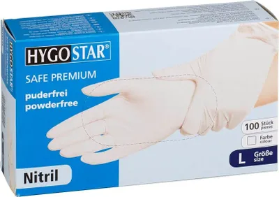 Image de Hygostar 27010 Nitrilhandschuhe Safe Premium weiß Gr. 9/L puderfrei Spenderbox