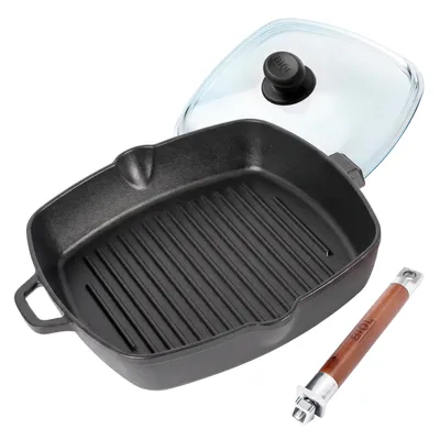 Produktbild von BIOL Emaillierte Gusseisen-Grillpfanne 26 x 26 cm mit Glasdeckel und abnehmbarem Holzgriff
