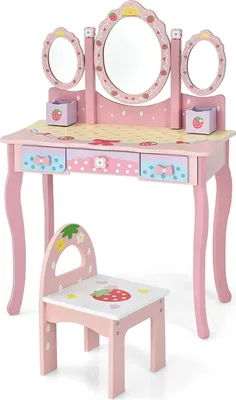 Produktbild von Kinder Schminktisch mit Hocker, Prinzessin Frisiertisch mit klappbarem Spiegel & 3 Schubladen, Frisierkommode für Kinder Mädchen rosa