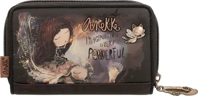 A close-up view of a wallet with a decorative illustration and text.