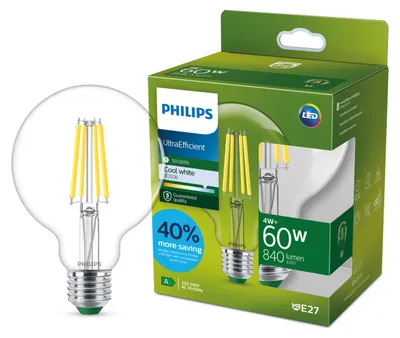 Produktbild von Philips Filament-Lampe transparent 60W G95 E27, 4 W, 60 W, E27, 840 lm, 50000 h, Kaltweiße