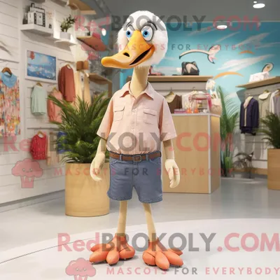 Produktbild von Beige REDBROKOLY Flamingo Maskottchen Kostüm Figur bekleidet mit Shorts und Ohrringen