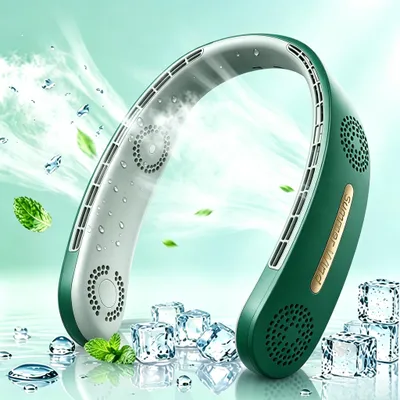 Produktbild von Nackenventilator, Halsventilator, blattlos, leise, USB, 4000mAh, 3 Stufen, 4Turbinen, 360° Luftstrom, für Reisen & Büro(Grün)