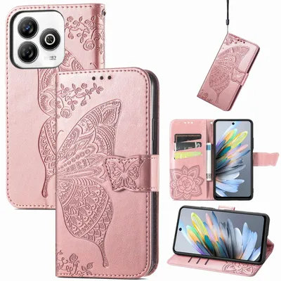 Image de Étui de téléphone portable en similicuir pour ZTE Blade A75 4G, motif papillon, rose