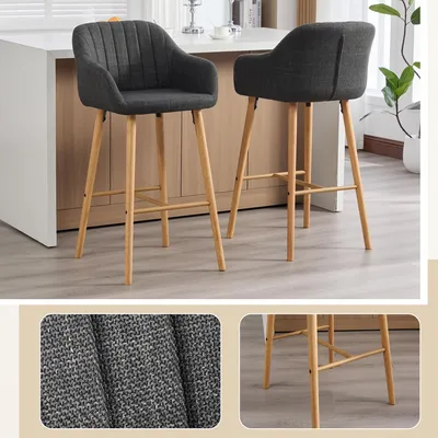 Produktbild von 2er-Set Barhocker Leinen hohe Rückenlehne Armlehnen Holzbeine 58.5x55x104 cm schwarz