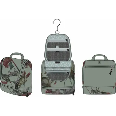 Three views of a hanging toiletry bag, one closed and two open, against a white background.
