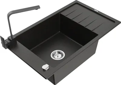 Produktbild von Mexen Elias 1 Becken-Granitspüle mit Abtropffläche und Mischbatterie Rita, Schwarz/Gold metallisch - 6511-75-670300-70