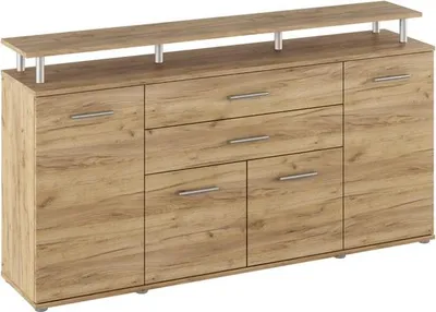 A wooden sideboard with multiple drawers and doors, shown from a front-diagonal angle against a white background.