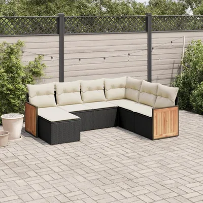 Produktbild von Design 7-tlg. Garten-Sofagarnitur mit Kissen Schwarz Poly Rattan, Gartenmöbel-Sets 2024 Neu