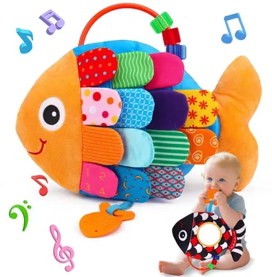 Produktbild von Baby Spielzeug 7-in-1 Fisch Kuscheltier mit Musik, Rassel, Spiegel, Greifling für 0-6 Monate