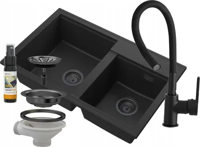 Produktbild von Granitan | Granitspüle HEKTOR - Schwarz - 2 Kammern - Modernes Design - Inklusive Flexarmatur