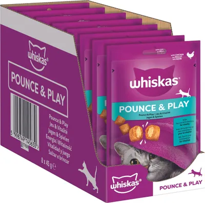Produktbild von Whiskas Pounce & Play Katzensnacks im Portionsbeutel für Katzen mit Huhn 8x45g