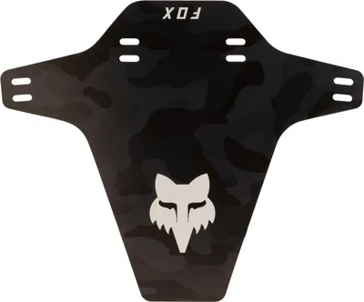 A black camouflage mudguard with a white fox logo and white text.