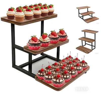 Immagine prodotto di Portastand per torte in legno, a tre piani, con maniglia