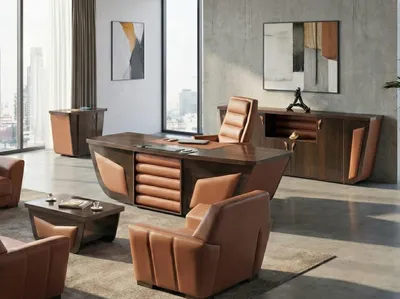 Productafbeelding van Kantoormeubilair, donker hout, modern design, premium kwaliteit, directiebureau, elegant