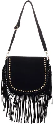 Produktbild von Schultertasche für Damen - Crossbody Tasche mit Fransen und Nieten - Kunstleder Handtasche - 30 x 27 cm - Schwarz