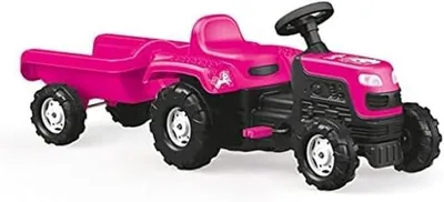 Obrázok produktu pre ? Jednorožec – detský traktor s pedálmi a prívesom. Ružový traktor a príves pre deti vo veku 3 až 5 rokov, rozmer 144 x 45 x 52 cm