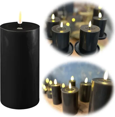 Produktbild von LS-LebenStil Real Flame 3D LED Stumpenkerze 15cm Ribe Schwarz Echtwachs flackernde flammenlose Kerze Blockkerze optional mit Fernbedienung und Timer