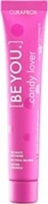 A pink tube of toothpaste with text and branding.