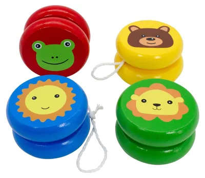 Productafbeelding van JoJo 6477 Set met 4 verschillende jojo's van hout met grappige diermotieven - Cadeautje kindergeboortezegg