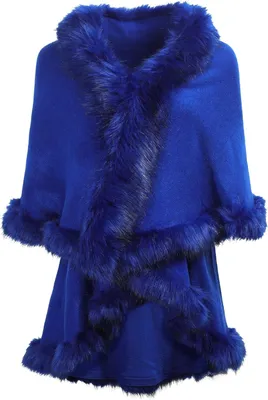 Produktbild von Fein gestrickte Damenjacke mit Kapuze - Poncho-Design - Imitationsfellbesatz