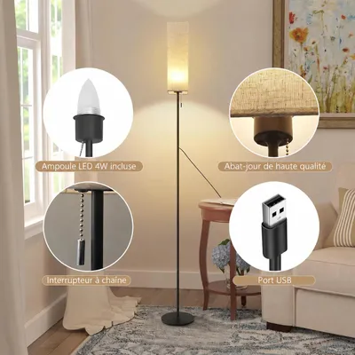 Image de ZMH LED Lampadaire Tissu Lampe à poser Salon Dimmable Lampe à poser Vintage Lampadaire Beige Abat-jour Lampe de salon Interrupteur à cordon Rétro, Image générée par une IA
